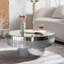 Table basse de luxe à miroir rond avec accents en diamant écrasé et bordure en cristal argenté, parfaite pour les salons glamour modernes