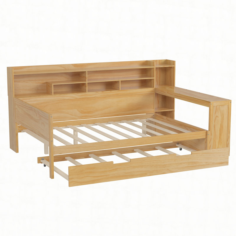 Wooden Daybed with Storage Shelves, Multi-functional Bed with Trundle Bed and Study Desk, Full / Double, Natural