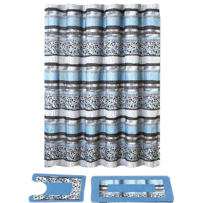 Ensemble de salle de bain Ben & Jonah en mosaïque bleu avec rideau de douche, tapis de bain et crochets à roulettes en métal à roulettes - pour rehausser le décor de votre salle de bain - 100% polyester et lavable à la machine