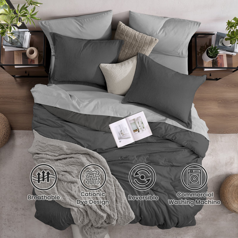 Cationic Comforter Set 7PC, Queen Comforter + 6 Additional Pieces, Dark Gray