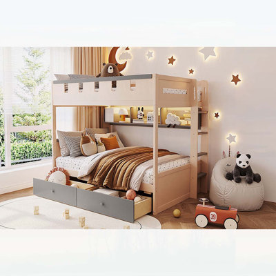 Lit superposé style château, taille standard, avec 2 tiroirs, une étagère et une lumière DEL pour un espace de sommeil imaginatif et organisé pour les enfants.