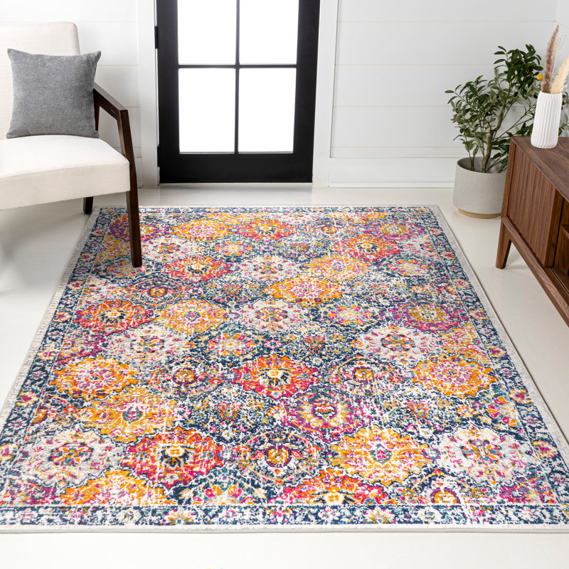 Tapis ivoire / bleu marine / multicolore Motolal, Rectangle 5 pi 3 po x 7 pi 6 po