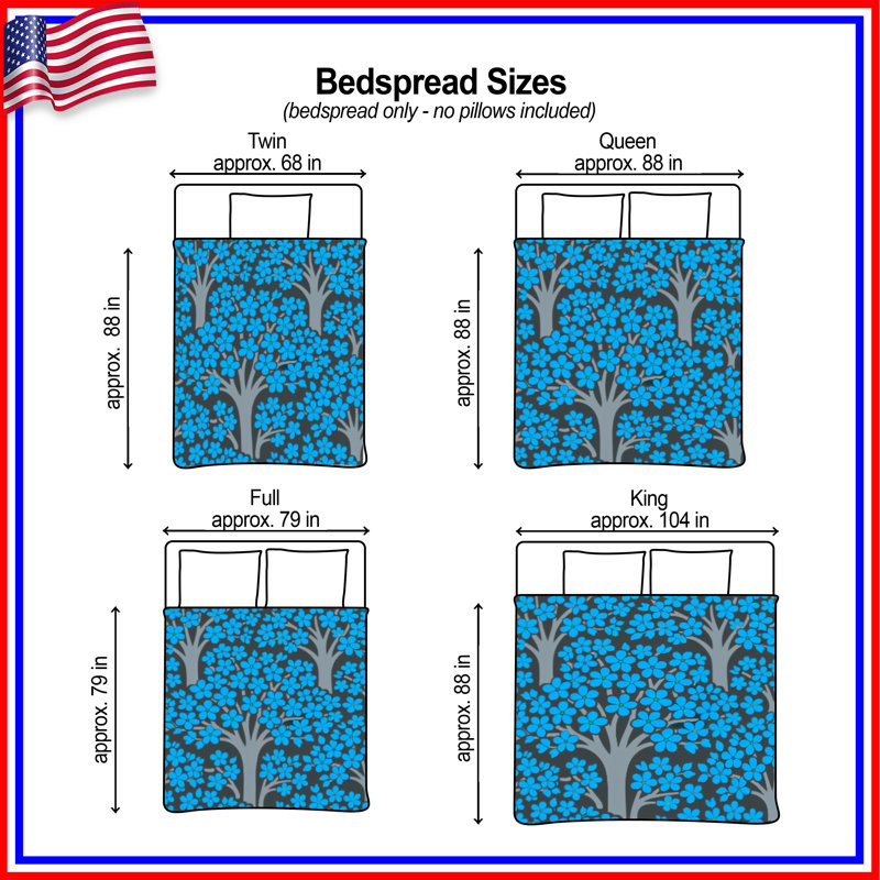 Blue Floral Trees Quilted Thin Bedspread, Twin