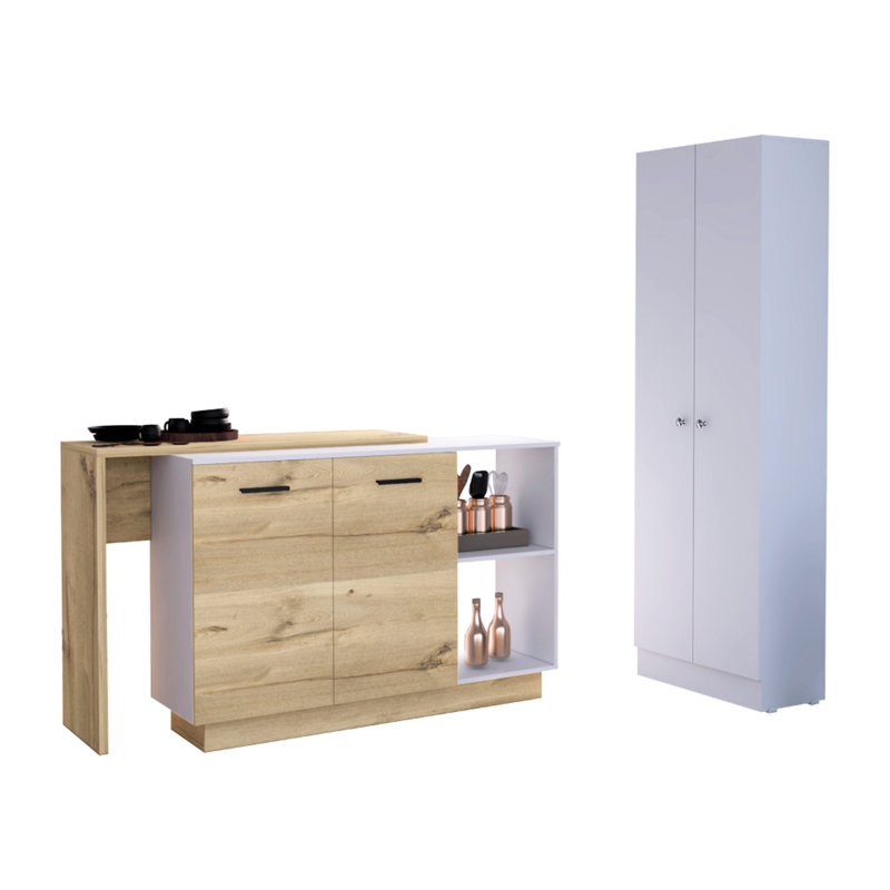 White & Oak Kitchen - 2. Island For Food Serving Purposes. Spacious Pantry Cabinet Essentials 4-door 2 White- Oak. Preparation Tasks. Dishes