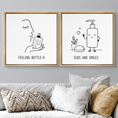 Minimal Bathroom Quote Art With Perfume Bottle And Soap Smile Framed Canvas Master Bedroom Wall Art Work 2 Pieces Print Set