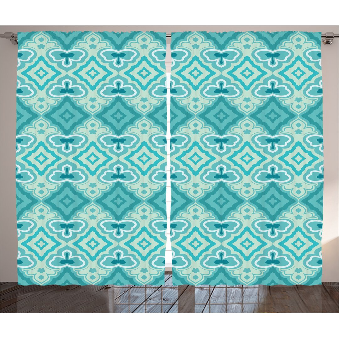 Rustikaler Vorhang, Geometrische Vintage Blumen, Teal, Teal Beige