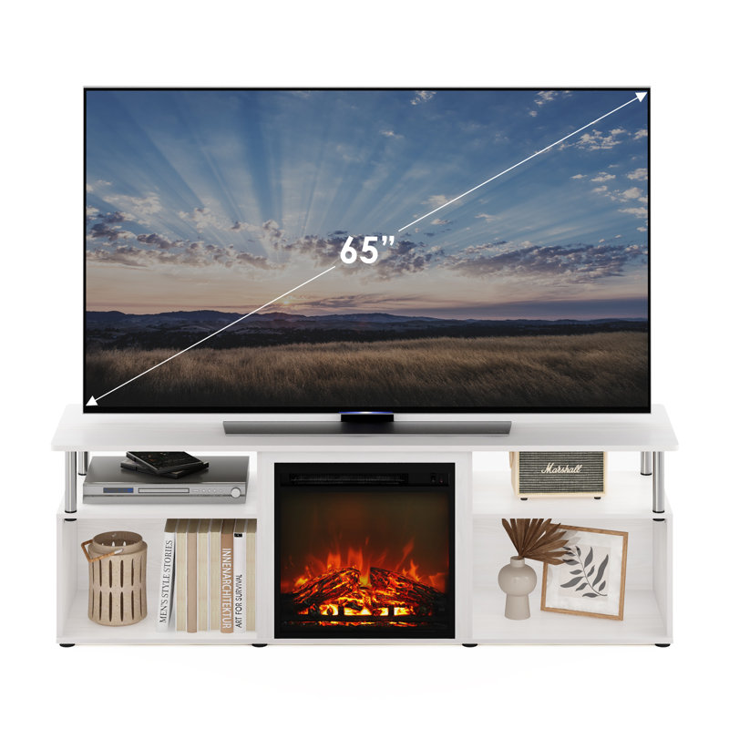Nottoway TV Stand for TVs up to 70" with Electric Fireplace Included, White/Stainless Steel