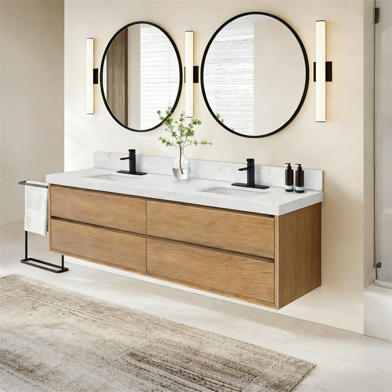 Armoires de salle de bain murales flottantes 84 po avec lavabo 84 po, Naturel, 84"