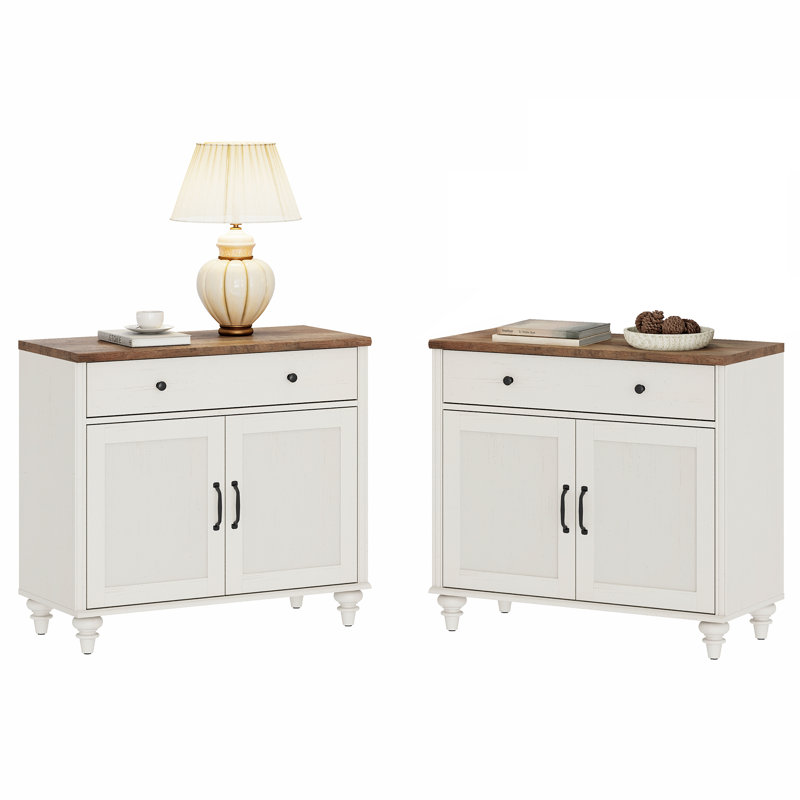 Farmhouse Nightstand With 4 Wood Doors, 2 Drawers Mid Century Modern Wooden Closet Storage Organizer, For Bedroom Or Living Room