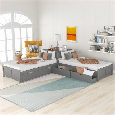 Twin Size Solid Pine Wood L-Shaped Platform Storage Bed With Trundle Drawers Built-In Desk Gray For Small Spaces