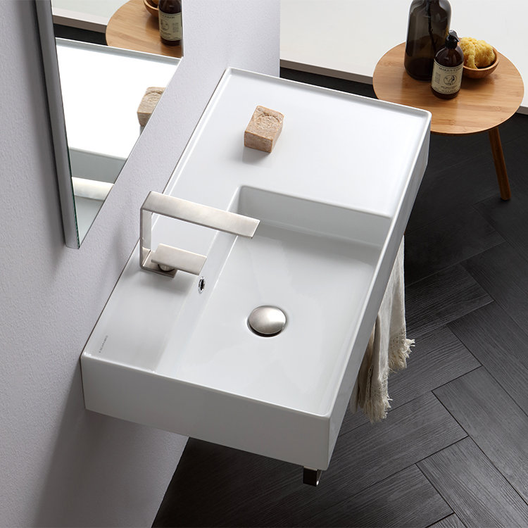 Lavabo de salle de bain mural rectangulaire en céramique avec trop-plein Teorema, Aucun trou