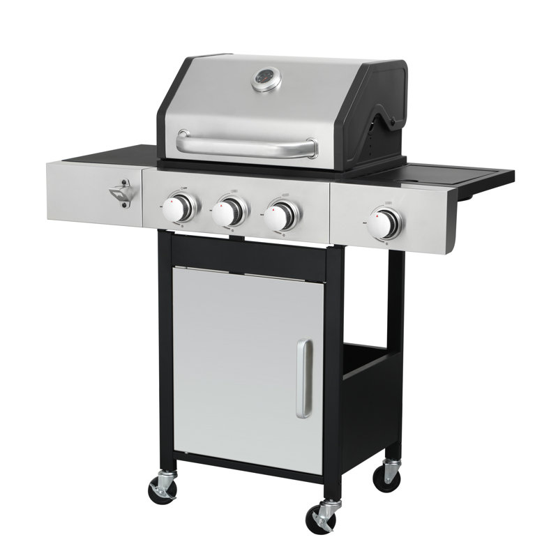Barbecue au propane avec 3 brûleurs, brûleur latéral et roulettes en fonte émaillée