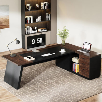 78.7" L-Shaped Executive Desk With File Cabinet & Drawers, Large Modern Home Office Computer Workstation With Storage Shelves, Dark Walnut + Black