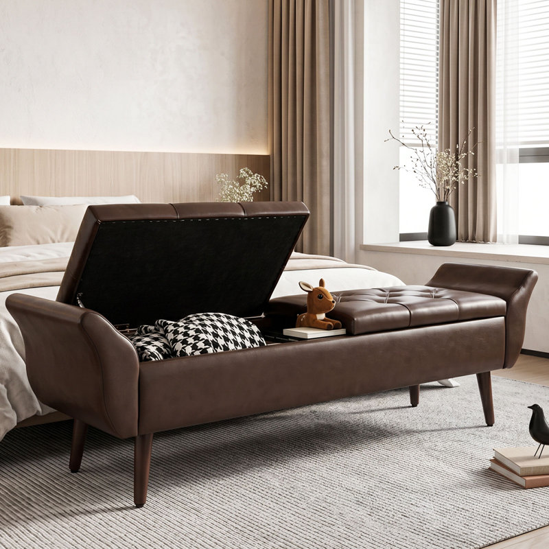 Banc de rangement avec repose-pieds et banquette de rangement en similicuir de 64 po, Marron foncé