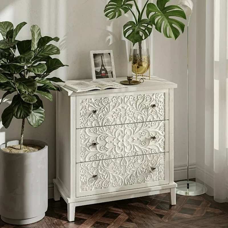 Bungalow Rose Farmhouse Fully-Assembled Nightstand With 3-Drawer, Flower Motif End Table For Small Spaces, French Country, Modern, Distressed Finish, White-Washed