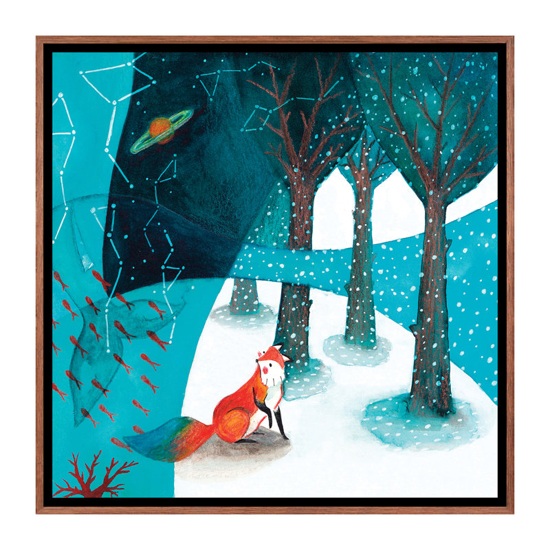 Renard et baleine V - imprimé, H 26 po x l 26 po x P 1,5 po, Toile avec cadre brun, Pas de tapis