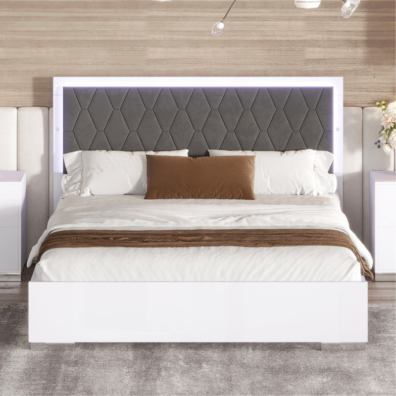 Queen Size Upholstered Bed With Led Light, White