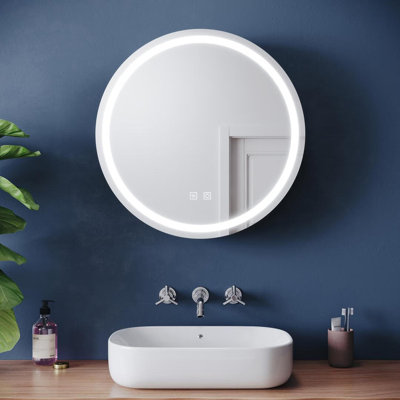 600mm Round LED Anti-Fog Touch Dimming Mirror Cabinet, Matt Black, Wall Mounted with Socket