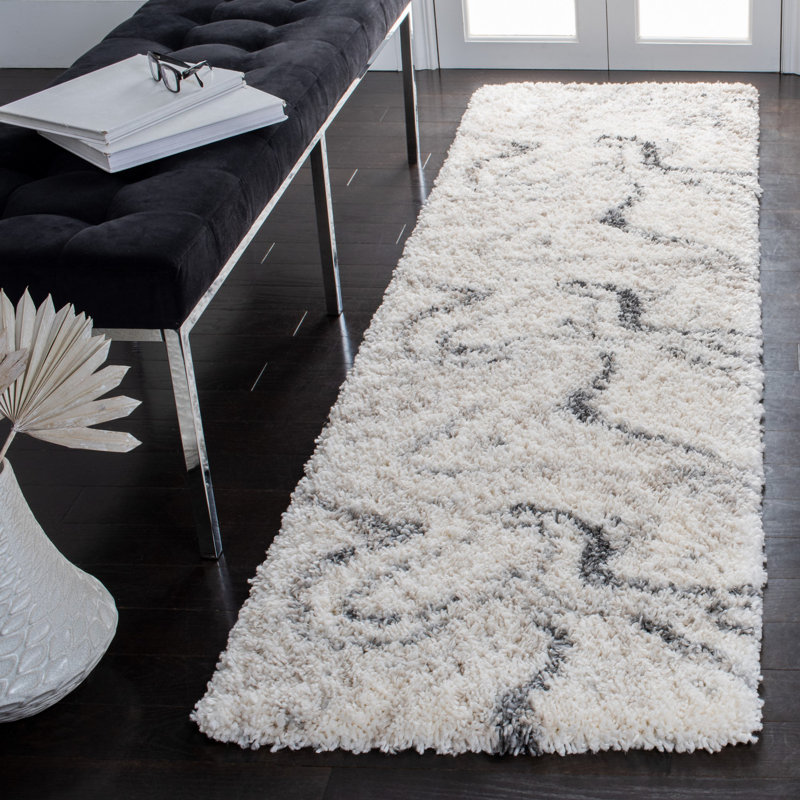 Ivory and Grey Hand-knotted Shag Runner Rug