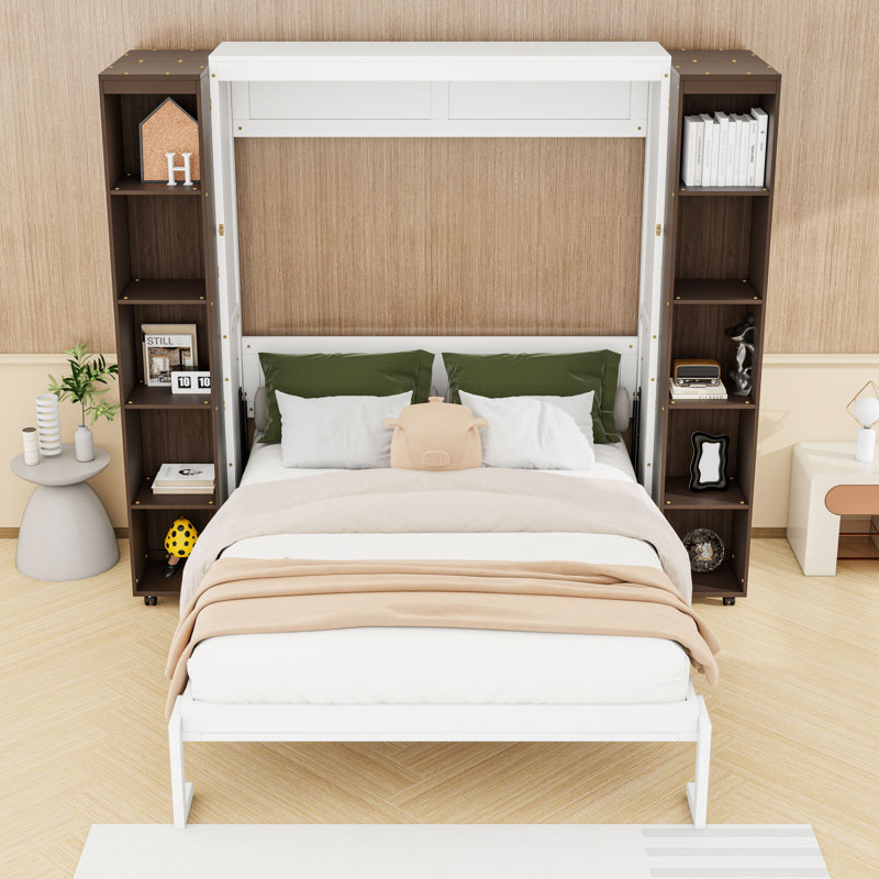 Grand lit escamotable avec portes de rangement et armoires latérales, Espresso