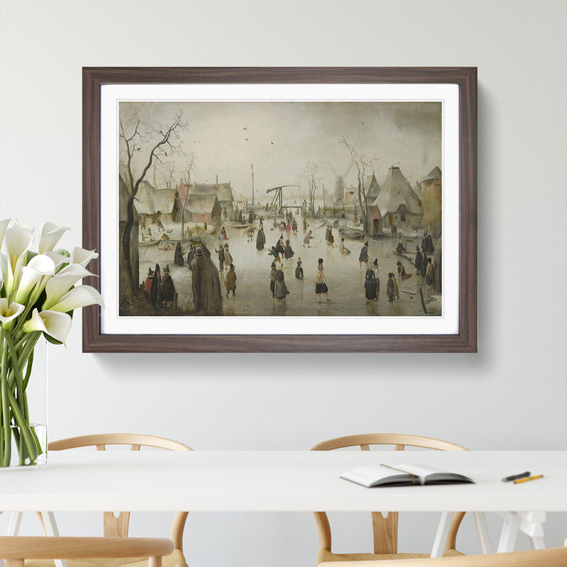 Ice-Skating in a Village by Hendrick Avercamp - Picture Frame Painting, Walnut Framed, 36cm H x 48cm W x 2cm D