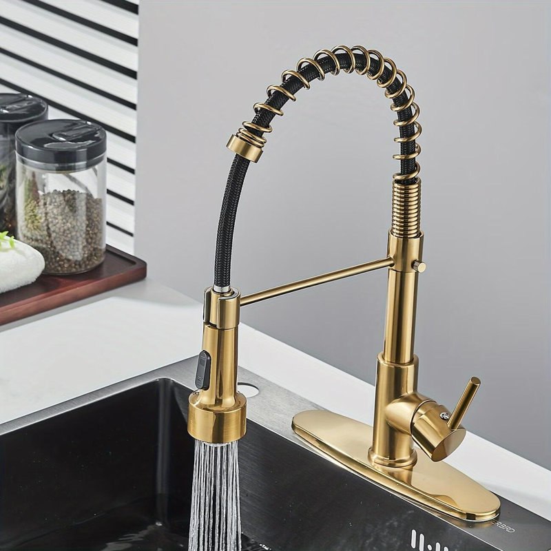 Robinets de cuisine dorés avec douchette rétractable à une lumière DEL à poignée simple 1 ou 3 trous avec plaque de pont pour vasque de camping-car Farmhouse