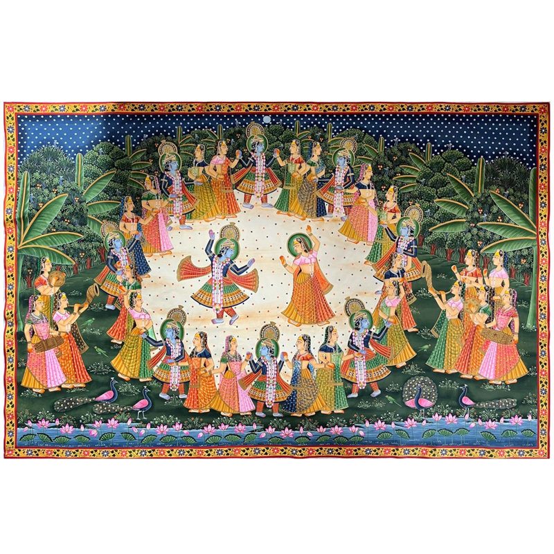 Le dieu indien Krishna dansant avec des villageois | Art Pichwai