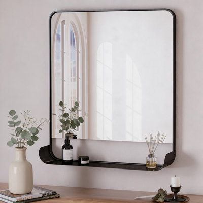 Miroir mural moderne en métal noir minimaliste avec tablette intégrée