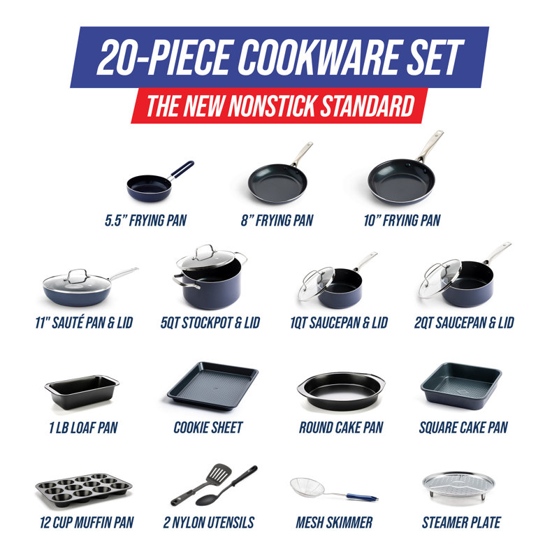 Ensemble de batterie de cuisine 20 pièces Blue Diamond, casseroles et poêles antiadhésives en céramique infusé de diamant sans PFOA PFAS, résistant aux ustensiles en métal non toxique durable et résistant aux égratignures, va au lave-vaisselle et