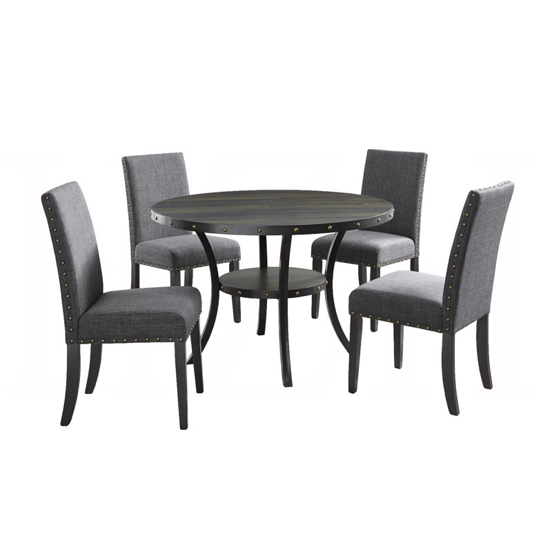 Ensemble de salle à manger en bois espresso avec chaises cloutées en tissu gris, Black;Grey