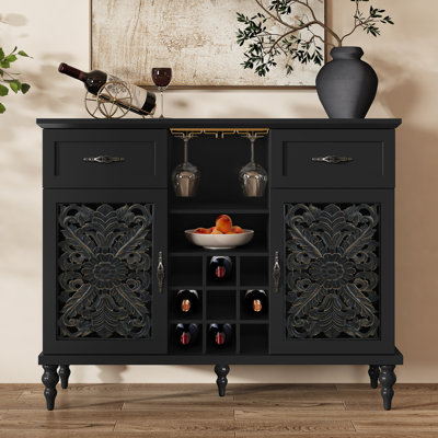 47.2" W Coffee Bar Wine Cabinet With Wine Rack Buffet Sideboard with Carved Doors & Drawers, Adjustable Shelves, Multi-Purpose Home Bar & Liquor Bar W by Latitude Run