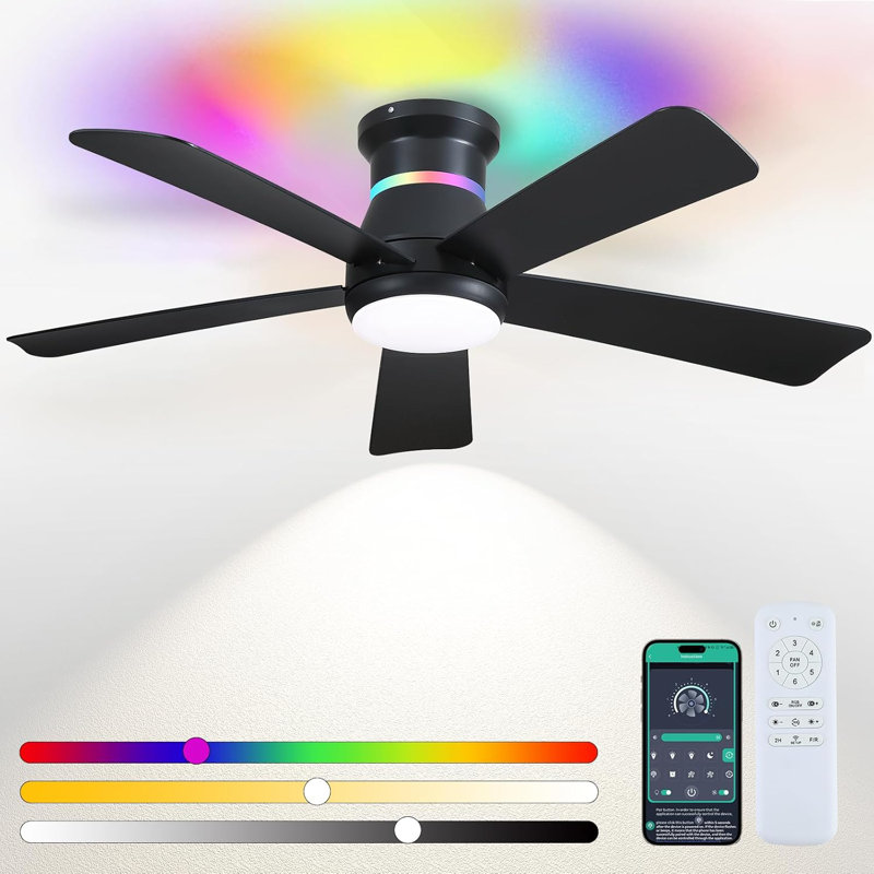 46" 5-blade Ceiling Fan With Led Light Kit And Remote Control, Black, 46"
