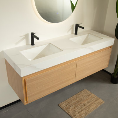 Meuble-lavabo flottant 60 po, lumière à capteur, plateau en pierre frittée blanc de Carrare et lavabo encastré en céramique, pré-assemblé, grain de bois clair