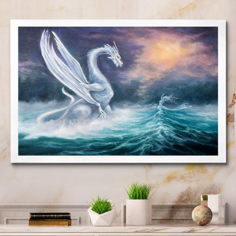 «White Dragon With Wings in Fantasy Ocean», reproduction d'art sur toile, Cadre photo blanc, H 16 po x l 32 po x P 1 po