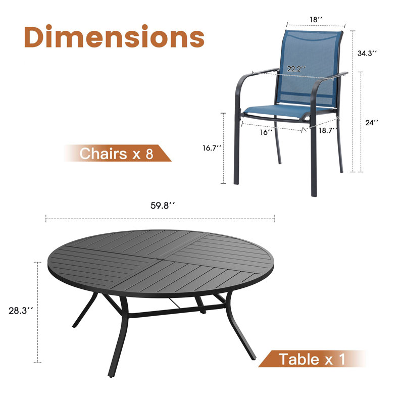 Round Patio Dining Set with 60" Metal Dining Table and 8 Stackable Armrest PVC-coated polyester Chairs, Black/Navy