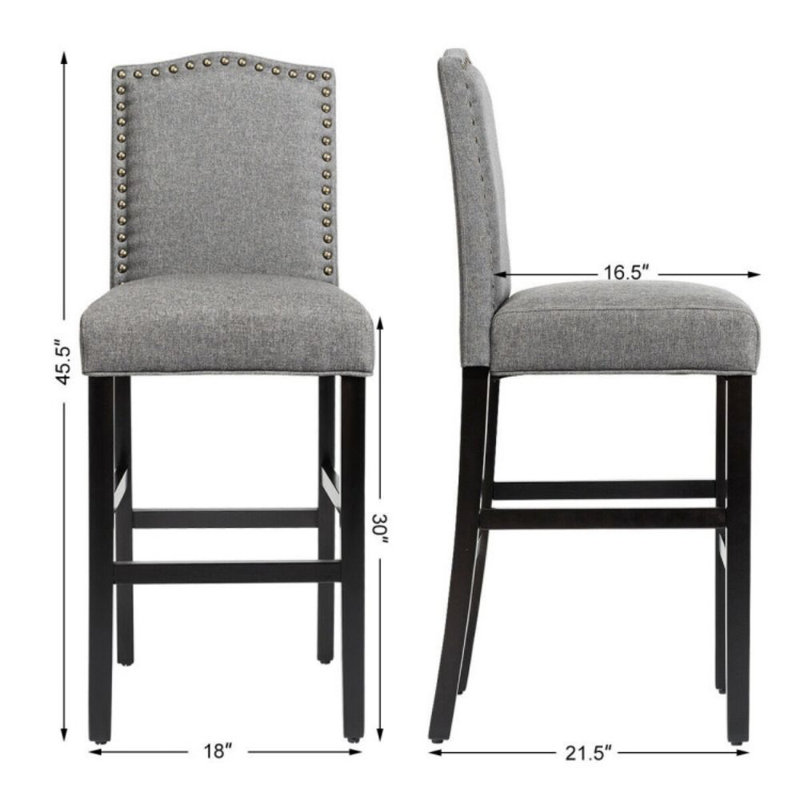 Gray Linen and Dark Wood Counter Height Barstools with Brass Nails
