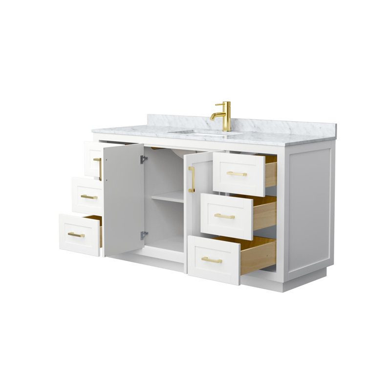 Ensemble de meuble-lavabo simple 60 po avec plateau en marbre Miranda, Blanc, Or brossé