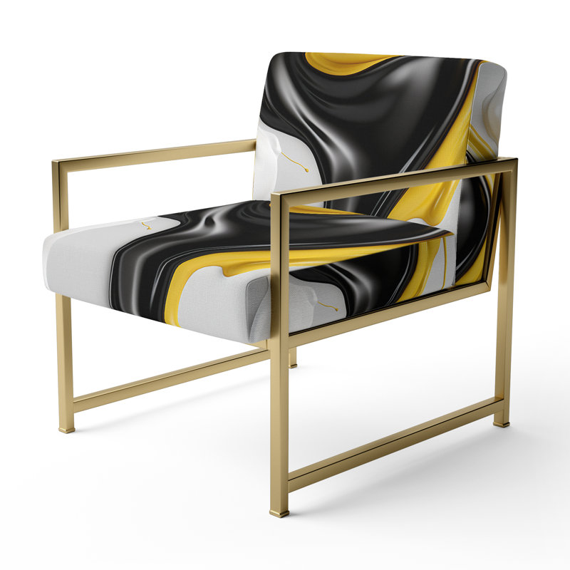 Liquid Minimal Abstract In Black White I - Upholstered Abstract Accent Side Chair, Gold