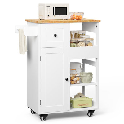 23.6*34.6*15.4 Kitchen Island Kitchen Cart With Three Shelves, One Drawer And One Cabinet, With Universal Pulleys, Equipped With Towel Rack And Side Hooks