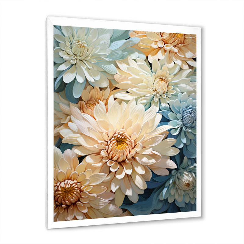 «Blue and White Mums Flowers Elegance», reproduction sur toile, H 32 po x l 24 po x P 1 po, Cadre simple blanc