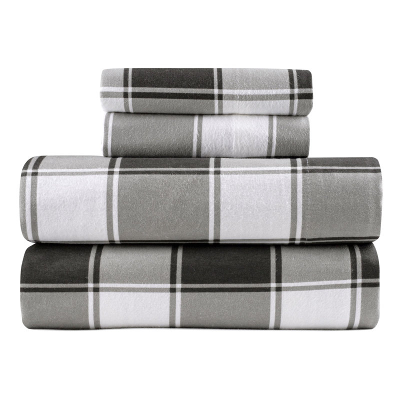 Turkish Cotton Heavyweight Flannel Sheet Set, Queen Sheet Set + 1 Fitted Sheet + 2 Pillowcases, Gingham Plaid