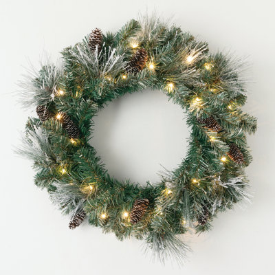 Artificial 24" Flocked LED Pine Christmas Wreath with Pinecones, Green