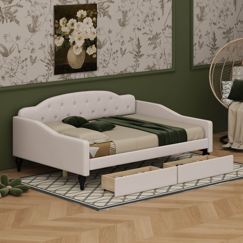 Full Size Daybed Frame With Button Tufted And Wingback Design, Upholstered Full Daybed With 2 Storage Drawers