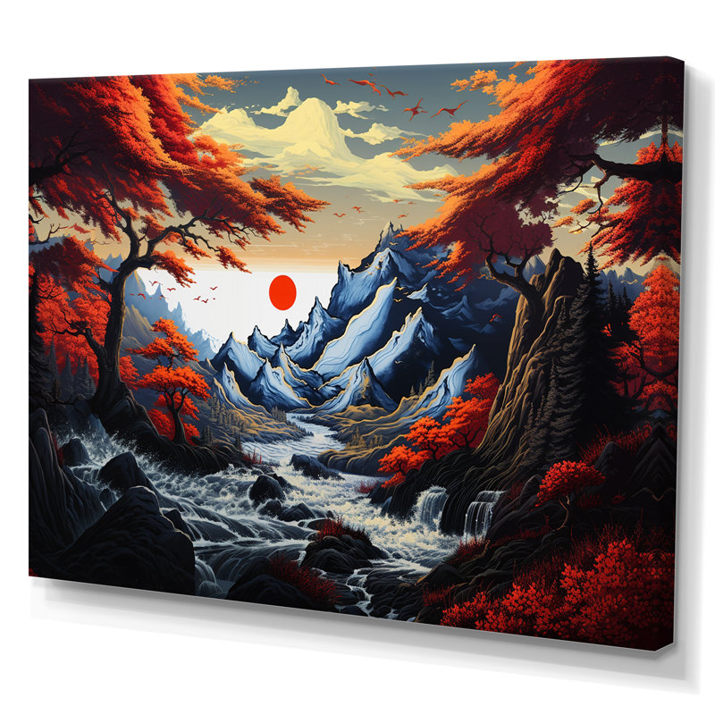 Charmant paysage asiatique sur toile, H 16 po x l 32 po, Toile tendue