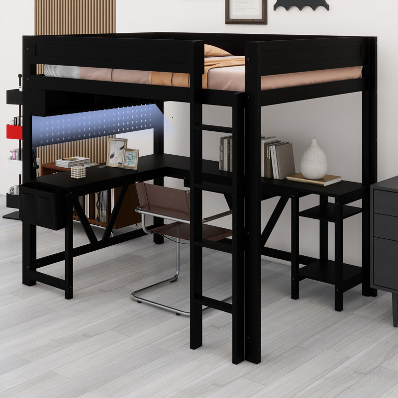 Lit mezzanine avec bureau et tablettes de rangement, éclairage DEL et station de charge pour les jeux, Noir