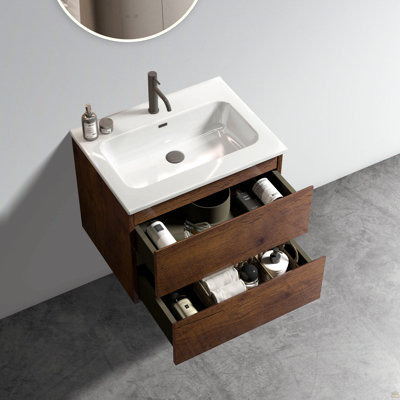 24" Wall Mounted Walnut Bathroom Vanity with Ceramic Sink with one faucet hole, Large Storage Floating Bathroom Vanity for Modern Bathroom, One-Piece Basin without Drain and Faucet, Pre-assembled