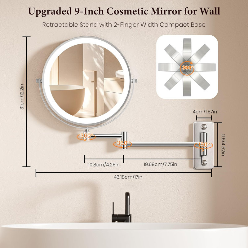 Grand miroir de maquillage mural 9 po lumineux, 5000Mah, miroir grossissant rechargeable 1X / 15X avec 3 lumières de couleur à intensité variable, bras rotatif 360 °, miroir de maquillage mural pour salle de bain