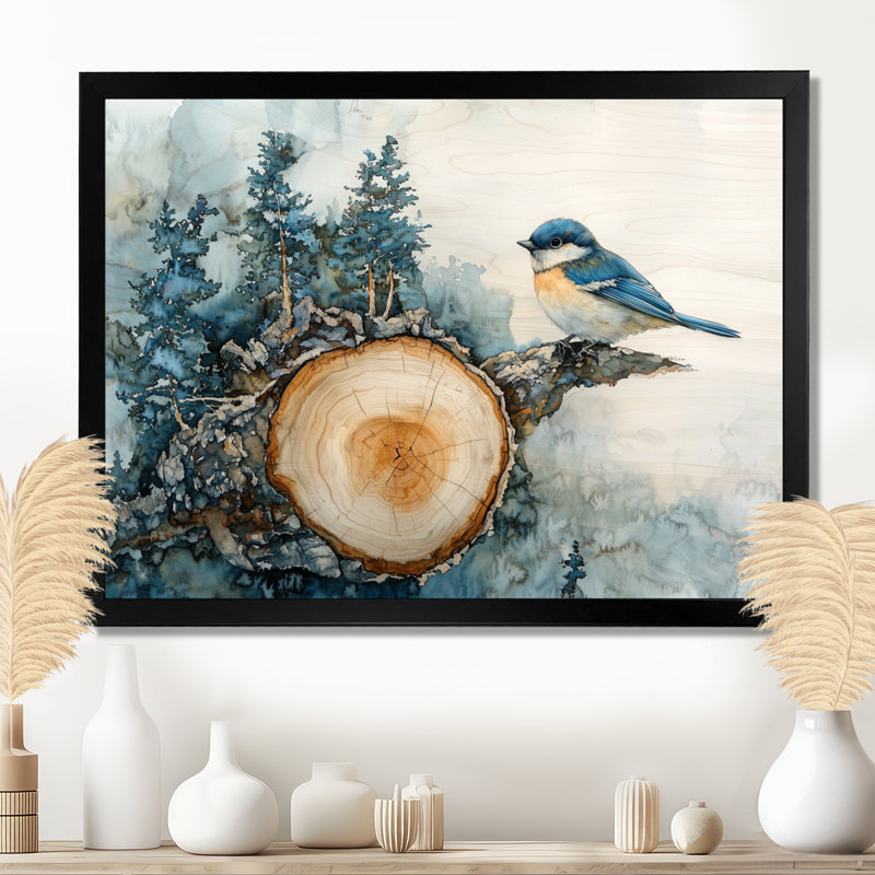 Oiseaux bleus et blancs sur une glissade en bois I - oiseau, art mural, H 12 po x l 20 po, Cadre simple, Noir