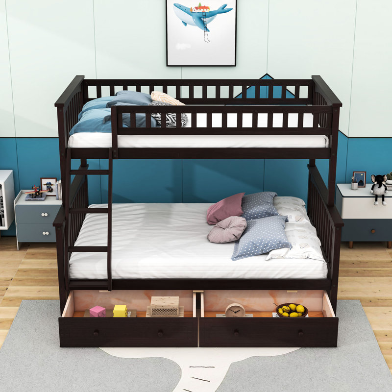 Lit superposé simple au-dessus d'un lit double en bois avec 2 tiroirs, Espresso