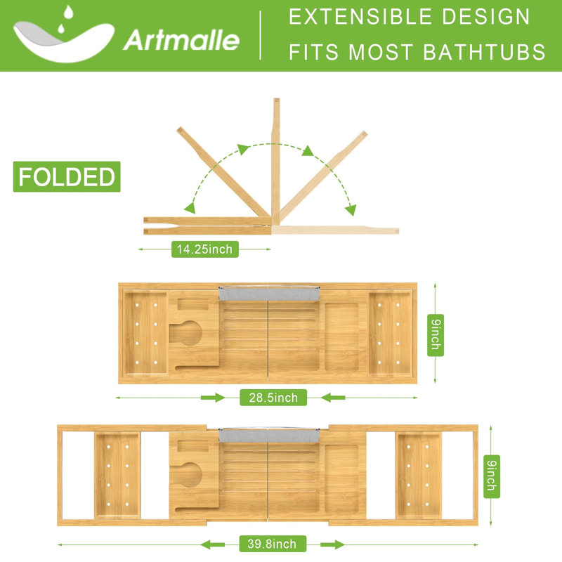 Foldable Bath Table Trays with Non-Slip Pads, Natural